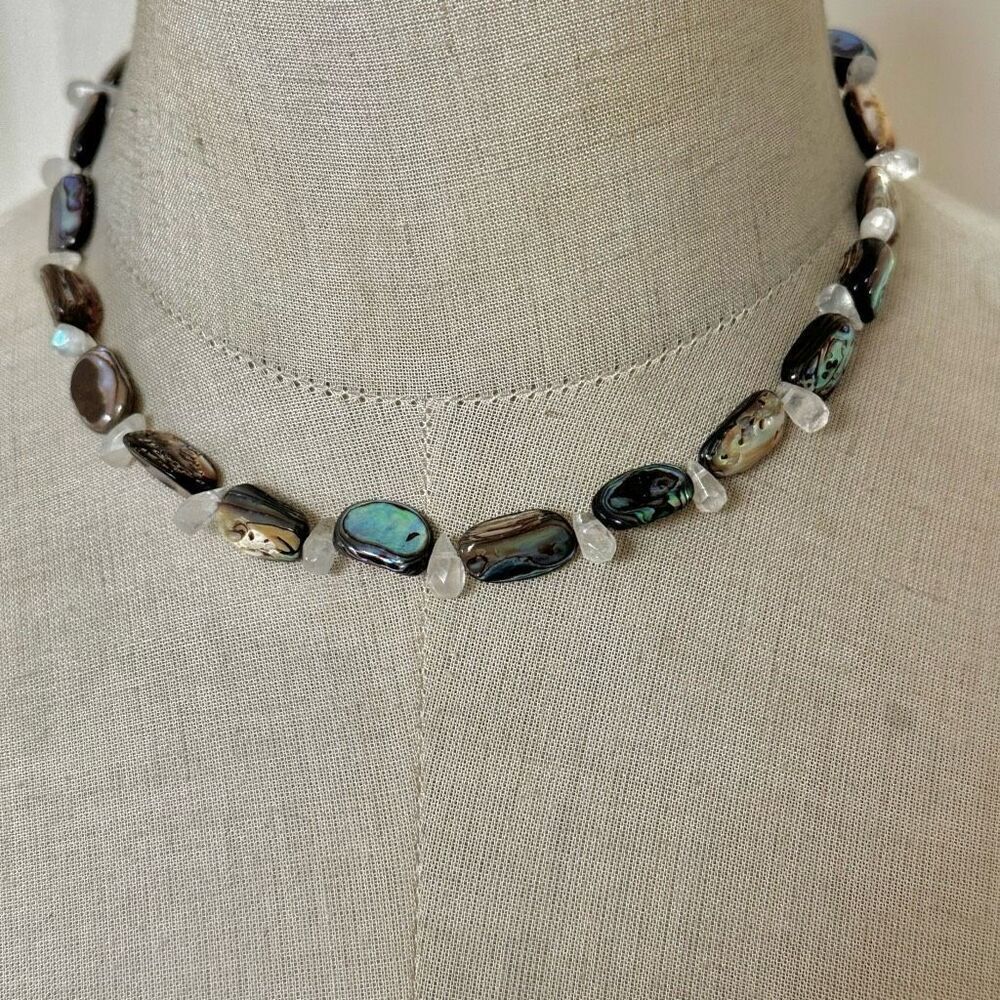 Abalone Shell & quartz  Bead Necklace with Sterling Silver Clasp